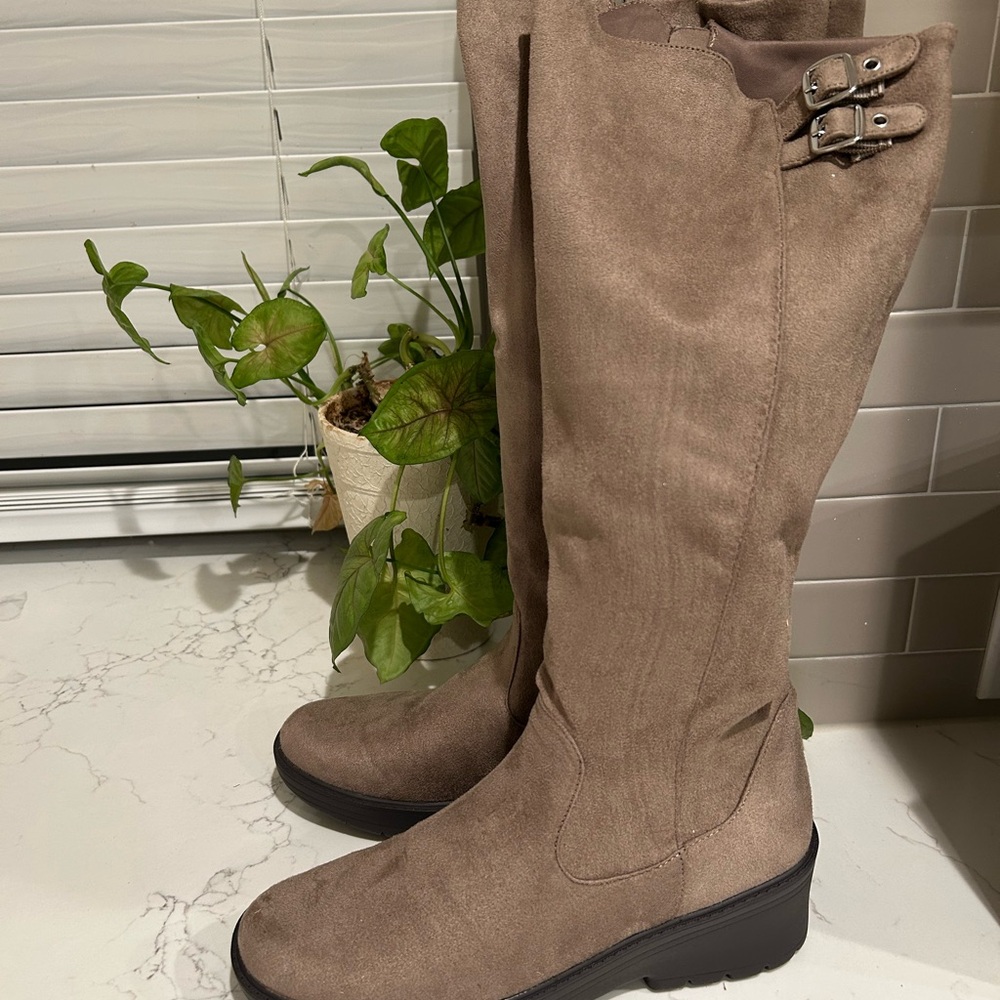 Bzees Taupe Over-the-Knee Suede Boots with Buckle Detail